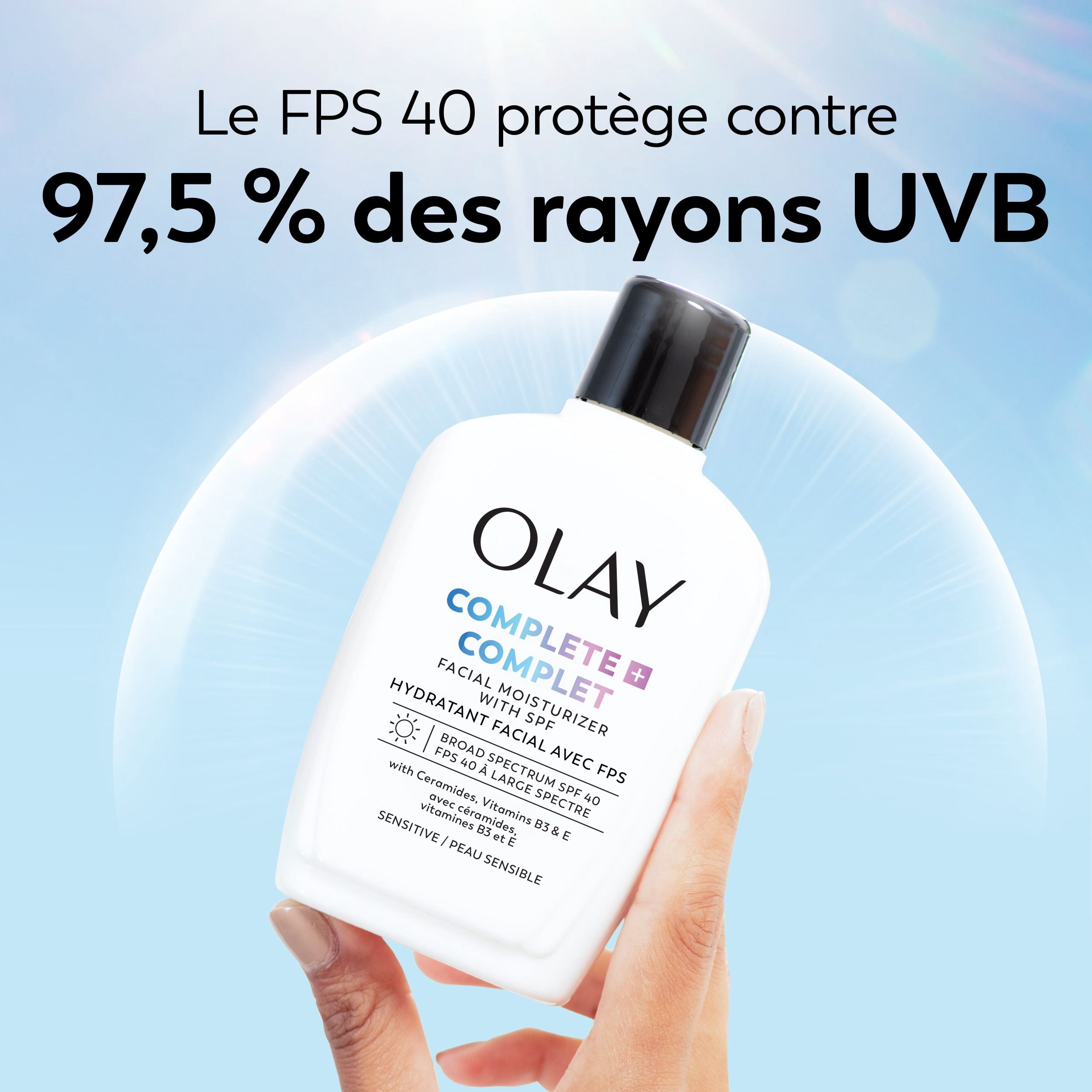 Hydratant Pour Le Visage Olay Complet+ avec Fps 40, Sans Parfum Pour La Peau Sensible, Protection Solaire À Large Spectre – Sans Traces Blanche, Nourrit La Barrière D’Hydratation – Céramides, 177 mL