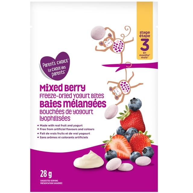 Parent's Choice Mixed Berry Yogurt Bites freeze-dried baby snack in a 28g resealable pouch with white and purple packaging, featuring playful monkey illustrations holding yogurt bites, fresh strawberries and blueberries, and a dollop of yogurt, suitable for babies 9 months and older, free from artificial colours and flavours.