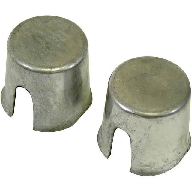 Schumacher Electric Battery Post Shims, two metal cylindrical shims with cutouts at the base to fit around battery posts, designed to increase post diameter for a secure fit on positive and negative terminals in automotive battery accessories