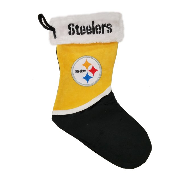 Pittsburgh Steelers Colorblock Stocking by Forever Collectibles, featuring team colors of yellow, black, and white with the Steelers logo prominently displayed on the front. The stocking has a white faux fur cuff with 'Steelers' embroidered in black, and a hanging loop for easy placement. Made from 100% polyester fiber, this officially licensed NFL product is a festive decoration for fans.