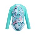 thumbnail image 1 of Kids Girls One Piece Long Sleeves Palm Trees Printed Swimsuit UV Protection Rash Guard Mint Green 12, 1 of 7