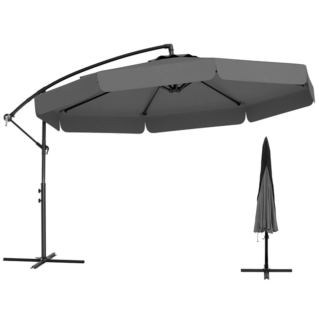Costway Parasol Suspendu Déporté de 10 Pi pour Patio avec Housse Gris Centré, Parasol Déporté de 10 Pi Orienté vers l'Avant avec Bord Volanté et Auvent en polyester à Double Couche Ventilé, Mât Métallique Déporté avec Manivelle, Huit Nervures Métalliques et base Métallique Croisée; Comprend une Housse Imperméable à Fermeture Éclair avec Ourlet Élastique; Convient pour Ombrer les Repas en Plein Air, les Sièges au Bord de la Piscine et comme Ombrage pour Événements Ou Marchés.