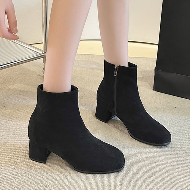 EGNMCR Ankle Boots for Women Women's Fall Winter Solid Color Flock Boots Chunky Heel Middle Heel Short Boots Pointed Toe Boots