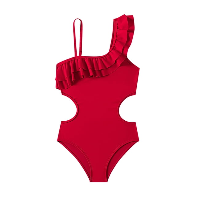 Zanarzt Swimming Suits Kids Girls Swimsuits One Shoulder Ruffle Swimwear Solid Bathing Suit Red,7-8 Years