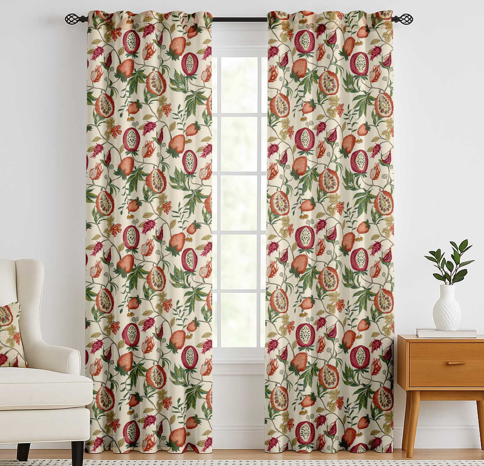Vargottam Cotton Curtains for Windows - 3-in-1 Rod Pocket/Back Tab Short Window Drapes - Light Filtering Cotton Panels - Set of 2, 52"x63" - Fruits Vine Print (Beige)