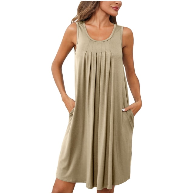 Dvkptbk Robe d'Été de Plage pour Femme 2024 Décontractée à Col Rond à Manches Courtes Robe Débardeur Mini Robes Fluide à Volants Boho Robe Soleil avec Poches P-2TG