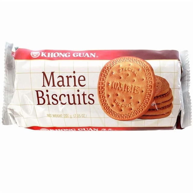 Khong Guan Marie Biscuits 200 g pack showing buttery soft, bite-size biscuits with balanced cracker crispness and flavored filling on a white and red wrapper, suitable for snacks and tea time.