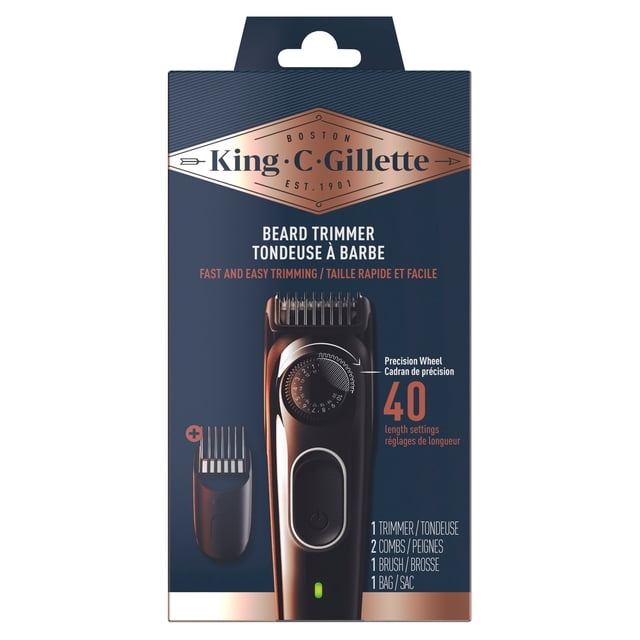 King C. Gillette Beard Trimmer packaging displaying a black and copper trimmer with a precision wheel offering 40 beard length settings, one comb attachment, and text highlighting fast and easy trimming with included brush and storage bag.