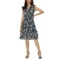 thumbnail image 2 of INSPIRE CHIC Robe pour Femme à Fleurs Manches Volantées Col en V Décontractée Smockée à Volants Robes TP Bleu Foncé Blanc, 2 of 6