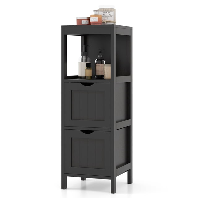 Costway Bathroom Floor Cabinet Freestanding Side Storage Organizer with 2 Removable Drawers in black. This slim, vertical bathroom furniture piece features a spacious top, two removable drawers, and an open shelf for versatile storage. Made of durable MDF with a polished surface, it includes an anti-toppling mechanism for safety and an elevated base for dry storage. Ideal for organizing items in bathrooms, living rooms, or bedrooms.