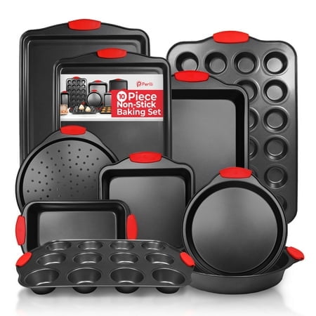 PERLLI Non-Stick 10-Piece Baking Pan Set, BPA-Free Carbon Steel Bakeware Set with Silicone Handles, Stackable Kitchen Oven Set, Cookie Sheet, Baking Tray, Baking Sheet Set, Oven Safe (446F)
