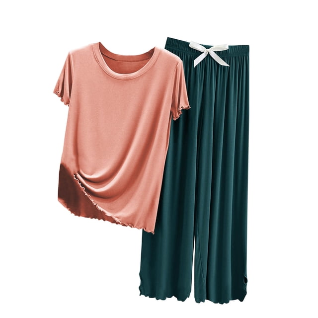 Yuyuzo Ensemble de Pyjama pour Femmes, Manches Courtes à Volants, Col Rond, Vêtements de Nuit, Pantalon Taille Haute