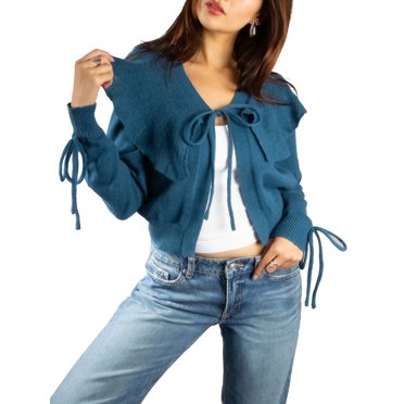 Jess by Meiko Chandails pour Femmes Manches Longues Col Noué Cardigan S Bleu Sarcelle Foncé