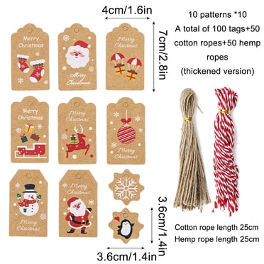 Boovnll Christmas Tree Decorations, 50/100 Pc Christmas Tags from Santa Claus Name Tags Holiday Kraft Tags Brown Hang Paper Labels with Ropes for DIY Xmas Holiday Wrap Present Name Card