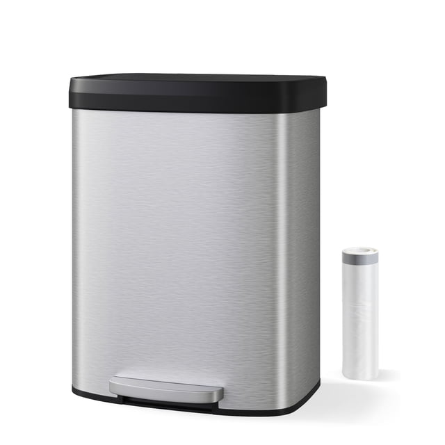 60L / 16 Gallon Stainless Steel Step Trash Can - Soft-Close Lid, Removable Inner Buckets, Fingerprint Resistant, Large Capacity Kitchen Bin with Rear Handle for Home or Office, Stainless Steel Color