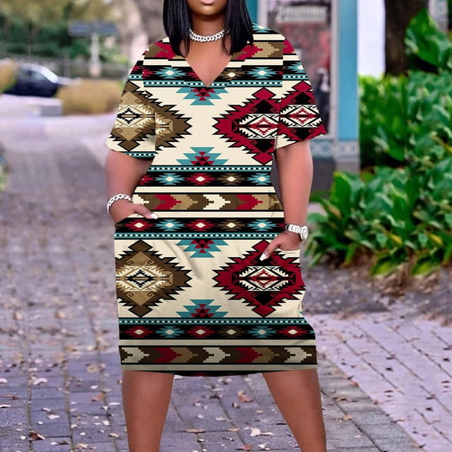 Robes pour Femmes Robe Grande Taille pour Femmes Col en V Été Décontractée Robes d'Été Poche Genou Manches Courtes avec Poches en Liquidation