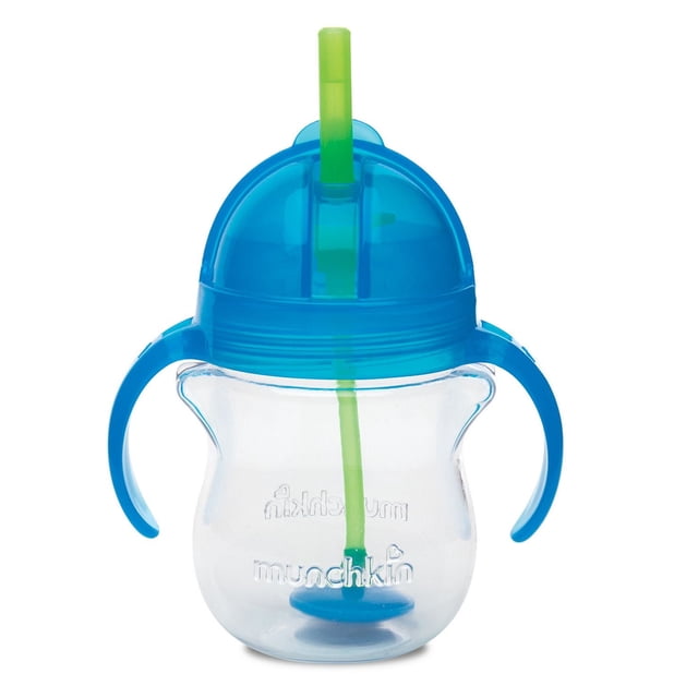 Munchkin Click Lock Flexi Straw Cup 7oz clear toddler sippy cup with blue handles and flip-top lid, featuring a green weighted straw for drinking from any angle, BPA-free and designed for easy grip and no-leak use on the go.
