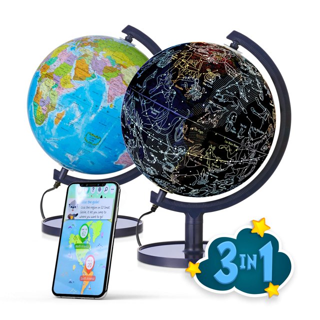 SJSMARTGLOBE Interactive 10" Globe for Children with Stand (DIY) - App-Compatible, 400 Wonders, 1000+ Facts, LED Constellations, STEM Globe, World Lamp & Earth Decor