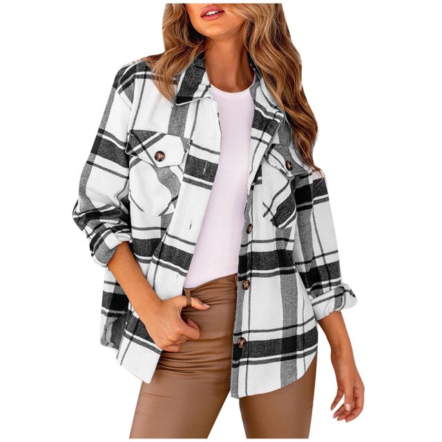 IROINID Veste Surchemise Courte pour Femmes Col Rabattu à Carreaux Manches Longues Confortable Décontractée Manches Longues à Carreaux Col Rabattu Vestes, Blanc