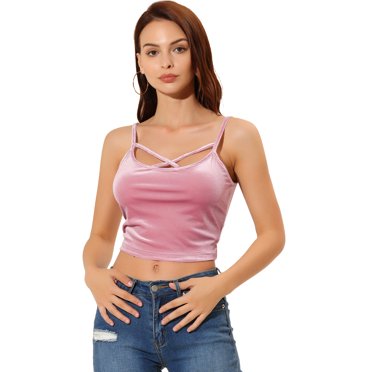 INSPIRE CHIC Camisole Courte en Velours à Bretelles Spaghetti Décontractée pour Femme P Rose