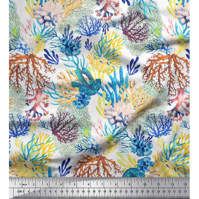 Soimoi Polyester Crepe Fabric Coral Ocean Decor Fabric Printed Yard 42 Inch Wide