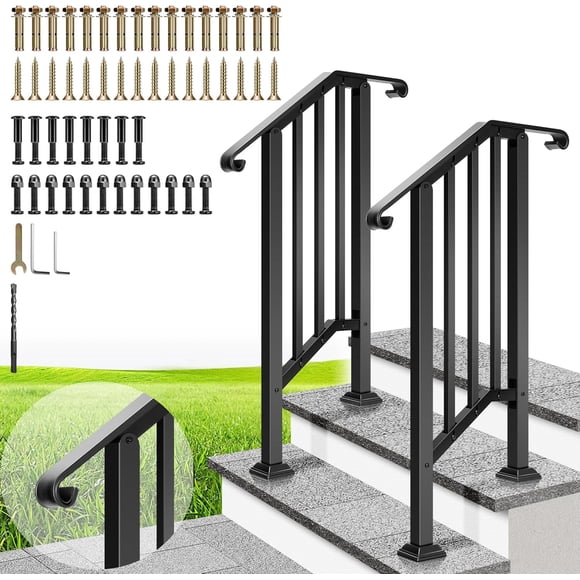 SPECSTAR 2-Pack Hand Rails for Outdoor Steps, 2 Step Galvanized Steel Railing Kit, Curved Ends and Safty Balusters Exterior Hand Railing