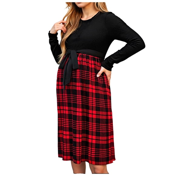 dmqupv Maternity Baby Shower Dresses Maternity Dress Comfortable Soft And Fashionable Suitable For Nursing Breastfeeding Dress Fashionable Plaid Long Sleeve Black,Size for L