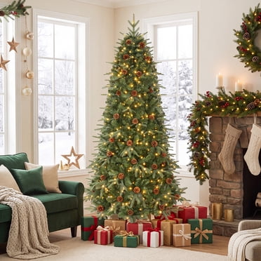 Gymax 7ft Pre-Lit Artificial Christmas Tree, Realistic Xmas Tree w/ 540 Warm White LED Lights 925 Dense Branch Tips