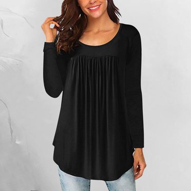 Mikilon Women Casual Solid Color Long Sleeve Crewneck Basic Comfy Tunic Blouse Tees
