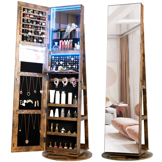 LVSOMT 360° Rotating LED Jewelry Armoire with Full Length Mirror, Jewelry Cabinet Large Standing Lockable Mirror Jewelry Organizer with Inner Makeup Mirror & Soft Velvet for Living Room Bedroom