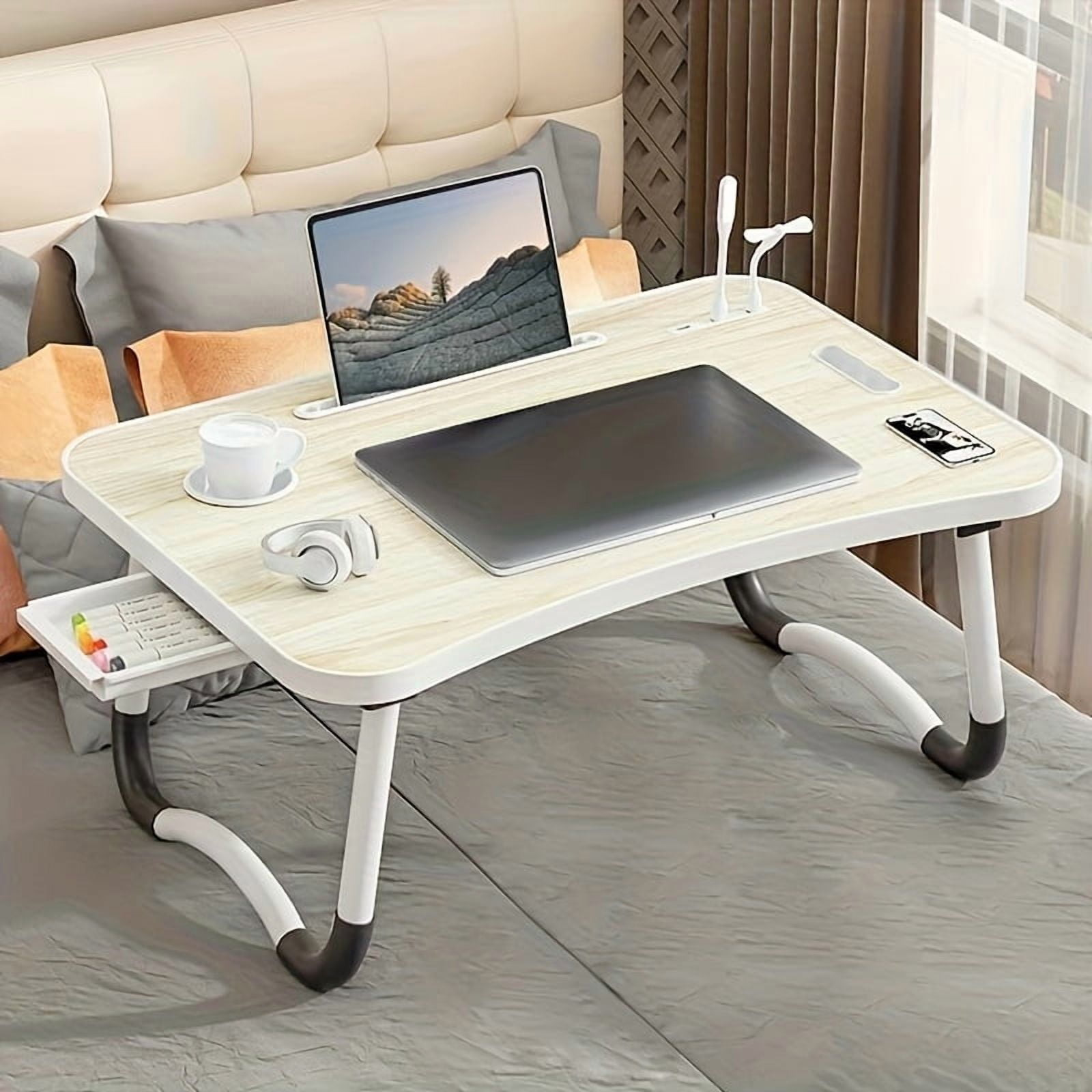 Bureau-lit pour Portable Super Portable avec Porte-Gobelet et Tiroirs, Support de Plateau Multifonction avec Ventilateur USB et Lumière, Convient pour Manger, Lire et Écrire sur le Lit, au Sol du Sofa