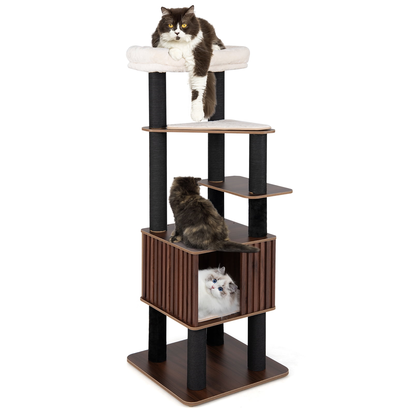 Gymax 64'' Tall Cat Tree for Indoor Cat Wooden Cat Tower Top Perch w/ Soft Padding Large Fence Style Cat Condo
