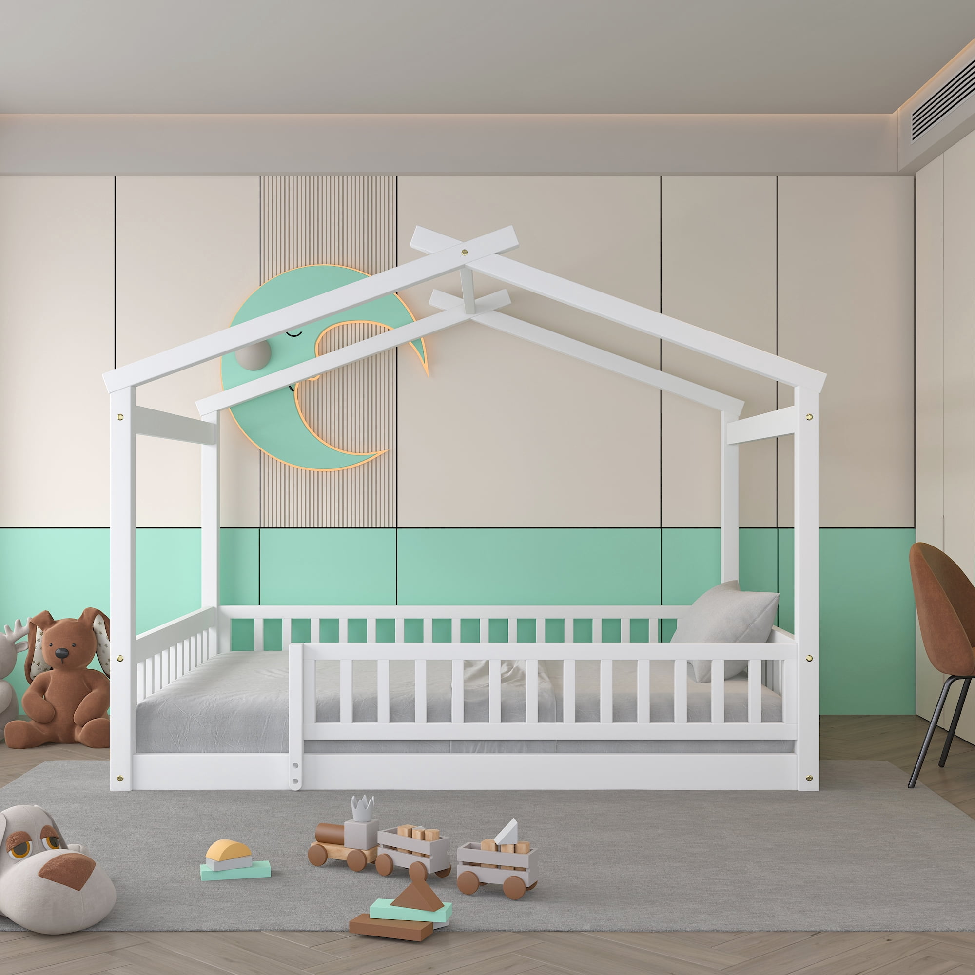 Cadre de lit cabane en bois Noble House pour lit double avec clôture, blanc