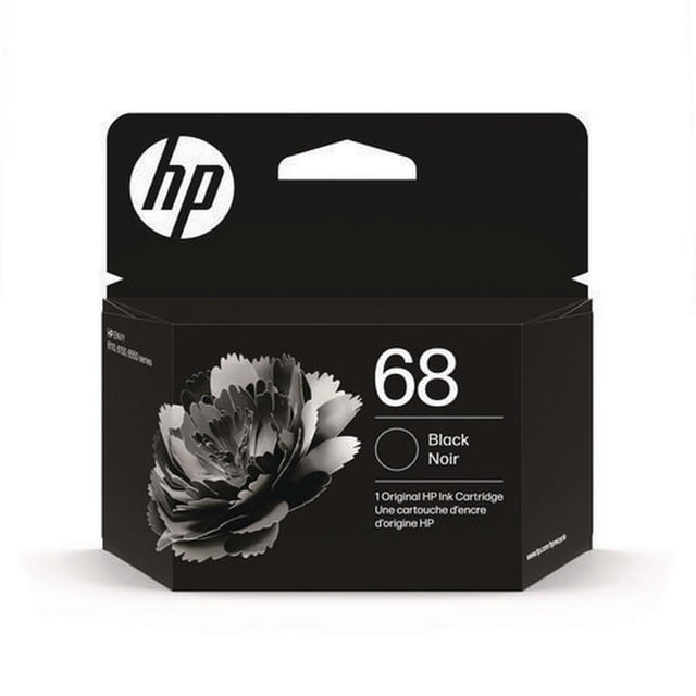 HP 68 7FP21TN Cartouche d'Encre Noire Emballage dans une Boîte Noire avec un Graphique de Fleur en Niveaux de Gris, logo HP et Numéro 68 avec Texte « Black Noir », compatible avec Certains HP Envy printers et Conçue pour une Impression Nette et Résistante aux Bavures.