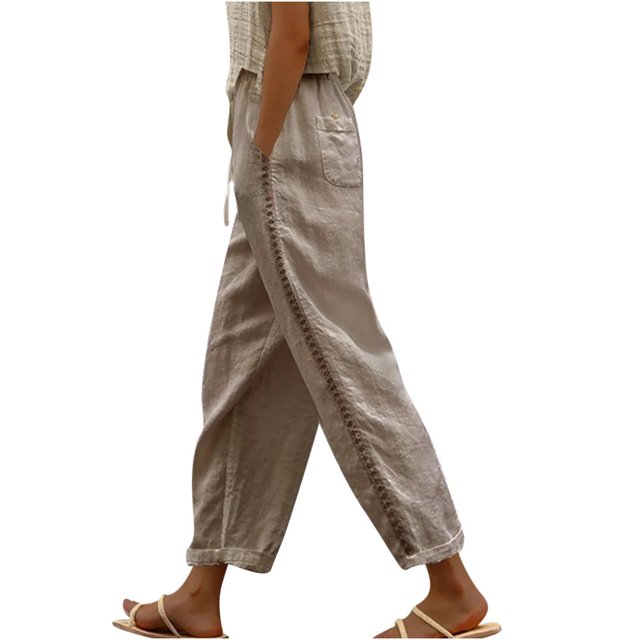 Women‘s Linen Pants Tapered Ankle Drawstring Loose Jogger Trousers Elastic Waist