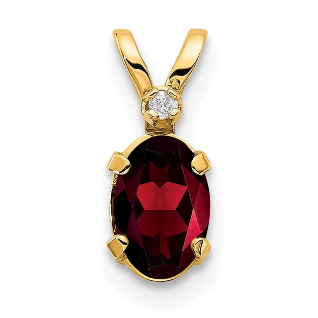 14k yellow gold diamond red garnet birthstone pendant charm necklace for January. The pendant features an oval-cut red garnet gemstone secured by gold prongs, accented with a single round white diamond above. The charm measures 12mm in length and 4.5mm in width, crafted from hypoallergenic 14k gold. Suitable as a fine jewelry gift for women, ideal for occasions like birthdays, anniversaries, or Valentine's Day.