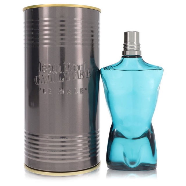 Jean Paul Gaultier After Shave By Jean Paul Gaultier, showcasing the 'Le Male' fragrance. The turquoise torso-shaped glass bottle is paired with a metallic cylindrical container embossed with the brand name. This men's grooming product features a refreshing, oriental, and woody scent, suitable for various occasions and widely appreciated for its unique packaging.