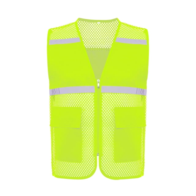 RUNQHUI Men Women Zipper High Visibility Reflective Safety Vest Construction Work Mesh Fabric Work Clothes Fluorescent Yellow 190