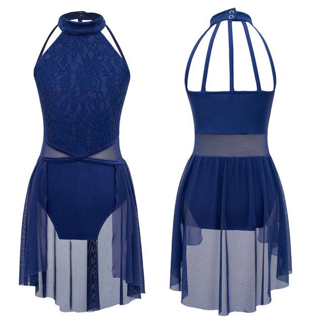 Yartina Robe de Danse Ballet Sans Manches pour Filles, Robe Justaucorps Moderne Contemporaine, Costume de Danse Bleu Marine 16