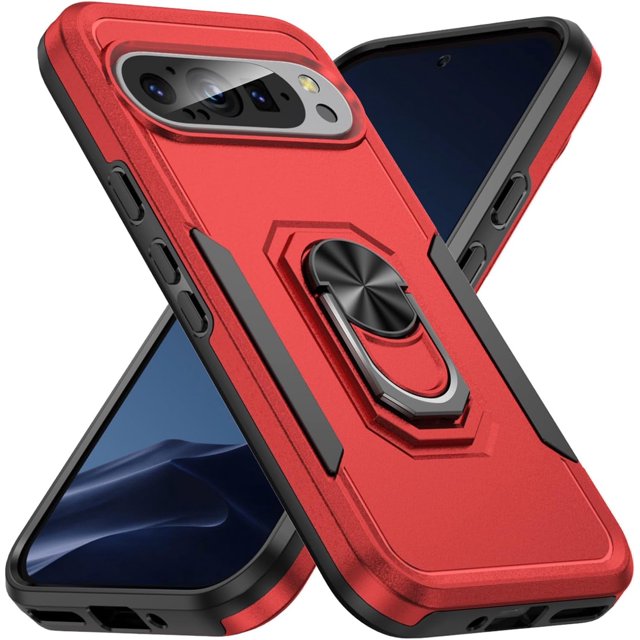 KOMI Étui Compatible avec Google Pixel 9 / 9 Pro avec Béquille Magnétique, Armure Militaire Robuste Antichoc Antichute Étui de Protection pour Hommes Femmes Noir Rouge