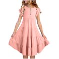 thumbnail image 2 of Qertyioot Robes pour Filles à Manches Volantées, Robe d'Été Trapèze Décontractée, Robe Midi Évasée à Étages avec Poches, 2 of 7