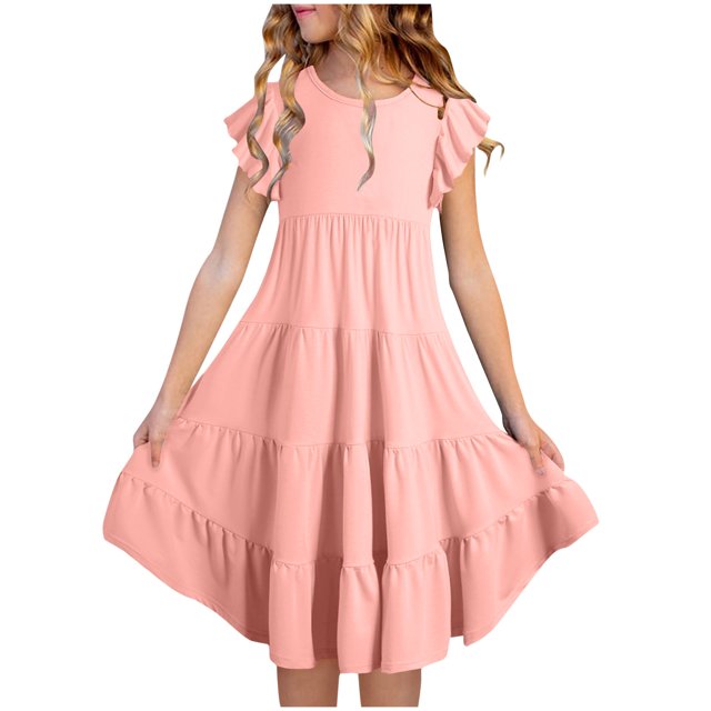 Plebaso Robes d'Été Décontractées pour Bébés Filles à Manches Volantées, Col Rond, Couleur Unie, Robe à Volants, Vêtements de Mode pour Filles