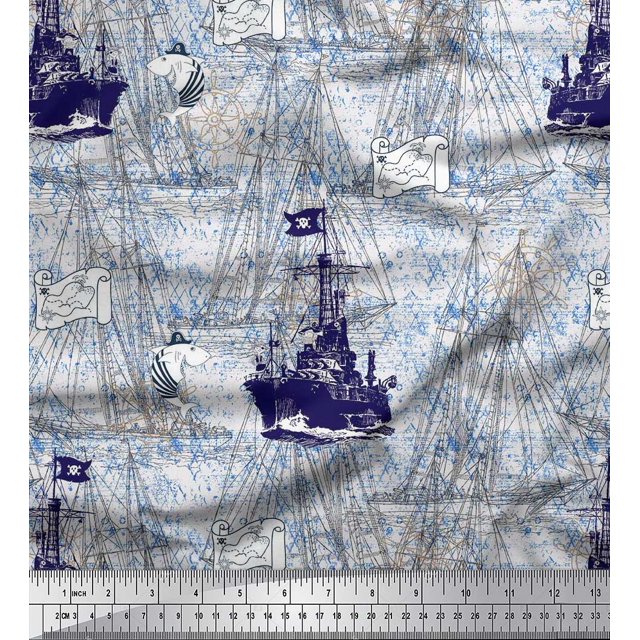Soimoi Moss Georgette Fabric Fish & Ship Ocean Decor Fabric Printed Yard 42 Inch Wide