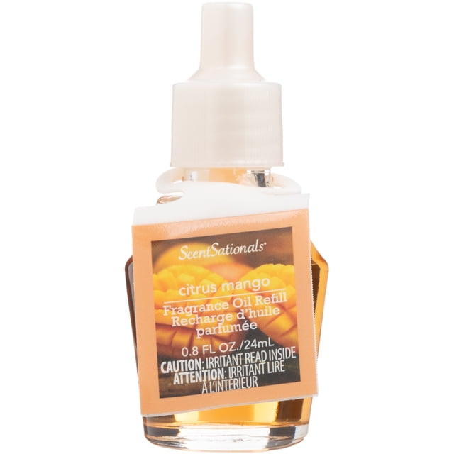 ScentSationals Scent Charm Oil - Citrus Mango fragrance oil refill in a 0.8 fl oz (24 mL) clear glass bottle with white plastic cap and orange label featuring tropical mango, sweet mandarin, and creamy vanilla scent, compatible with ScentSationals oil diffusers for continuous air freshening in homes or offices.