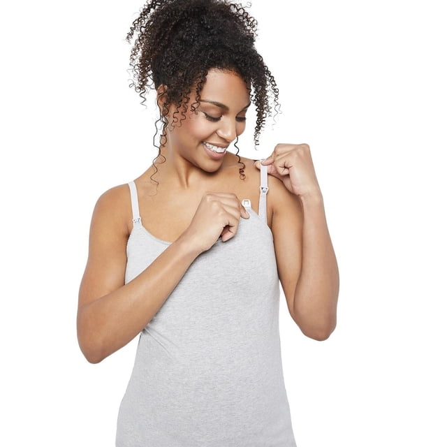Paisley Sky Camisole de Maternité et d'Allaitement Grise, Portée par une Femme Ajustant la Fermeture sur la Bretelle spaghetti Ajustable pour un Accès Facile à l'Allaitement, Fabriquée en jersey Extensible 95 % Coton et 5 % Élasthanne avec Encolure Ronde et design Sans Manches, Idéale pour Superposer Ou Porter Seule.