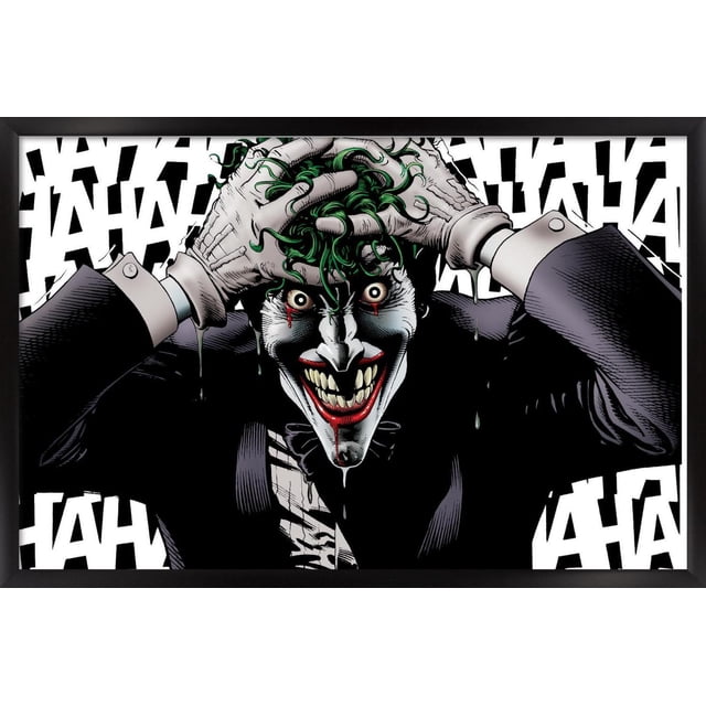 DC Comics - The Joker - Affiche Murale Folle, 22,375 Pouces x 34 Pouces Présente une illustration Encadrée Orientée vers l'Avant du Joker Saisissant Ses Cheveux Verts avec des Gants Blancs. Son Visage Blanc a des Larmes Rouges et un Grand Sourire avec des Dents Tranchantes, Portant un Complet Noir et un Nœud Papillon sur un Fond Blanc avec Texte « HA » Noir Répété. Cette Oeuvre Murale à Fini Satiné Convient aux Chambres, Bureaux Ou Dortoirs.