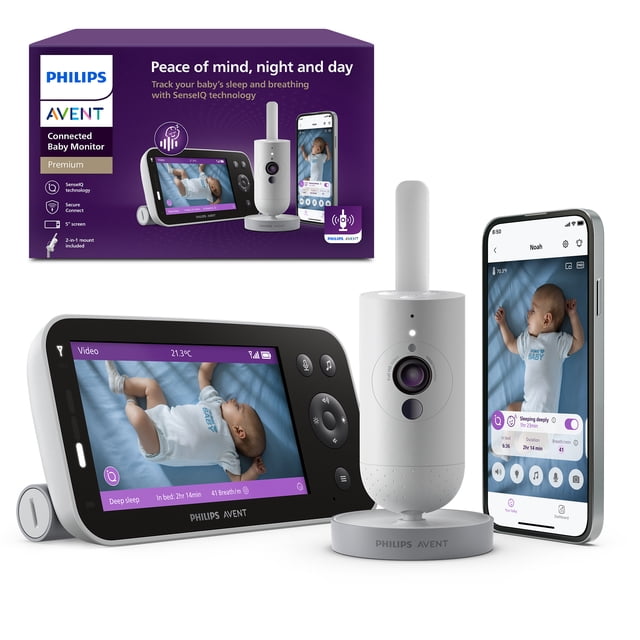 Philips Avent Premium Connected Baby Monitor with 1080p camera, SenseIQ sleep and breathing-rate tracking that analyzes motion, cry detection and translation, two-way True Talk, 5" HD parent unit screen, private Secure Connect system and companion app.