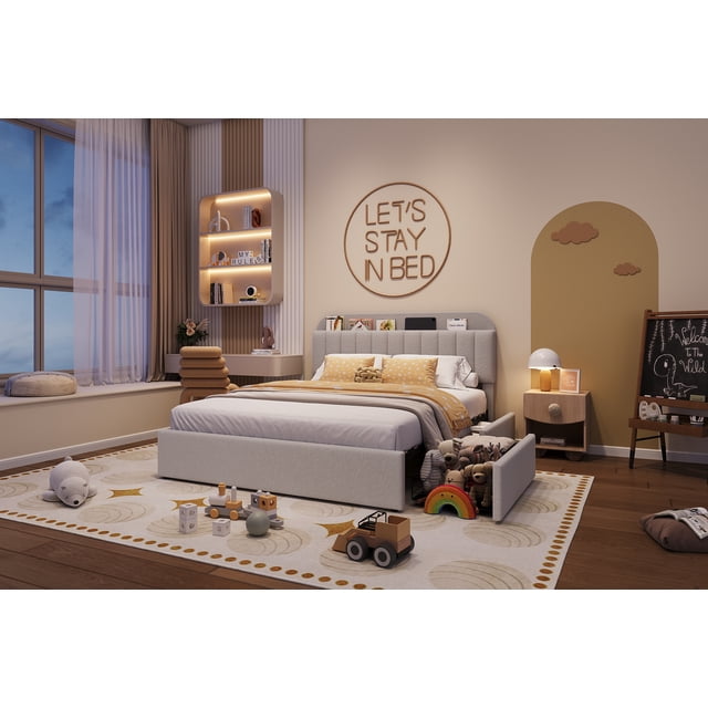 Twin/Twin XL/Full/Queen Size Bed Frame with Storage Headboard, Girls Bed Frame with 2 Drawers, Boucle Upholstered Platform Bed with Bookcase, No Box Spring Needed, Easy Assembly