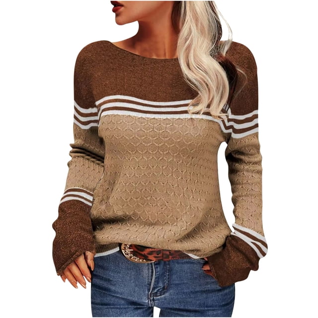 VgaVtl Ladies Sweaters Pullover Long Sleeve Womens Fall Sweaters Striped Knitted Loose Yellow Color Block Sweaters
