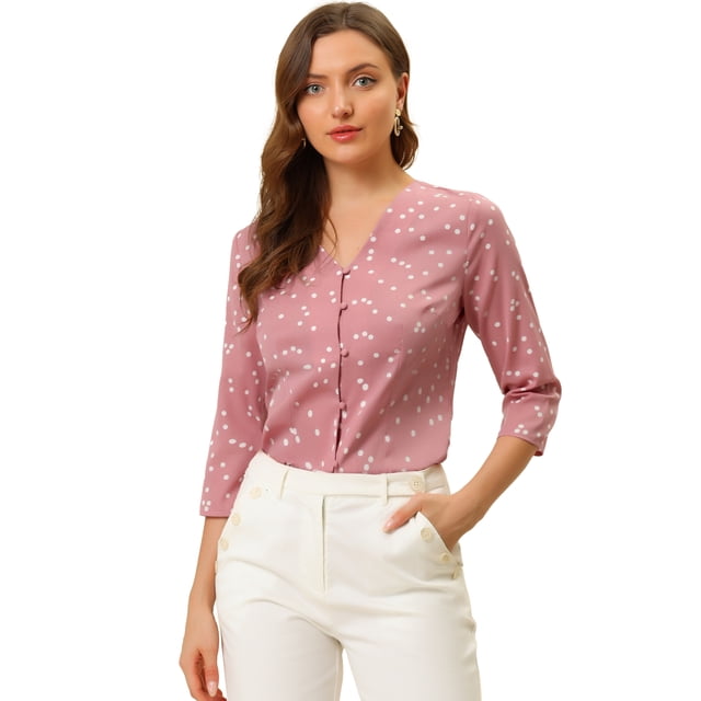INSPIRE CHIC Blouse Haut Décontracté pour Femme à Pois, Manches 3/4, Boutonné devant